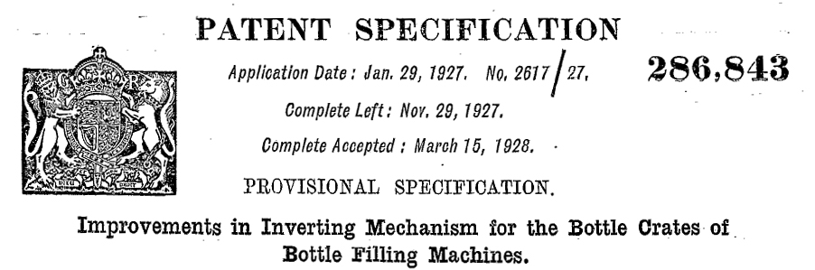 GB286843 (A) - Improvements in inverting mechanism for the bottle crates of bottle filling machines